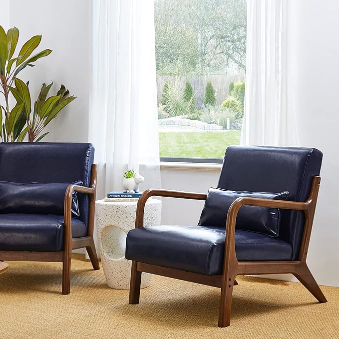 Glitzhome 2 Set Mid Century Navy Blue Accent Armchair, Single Reading Armchair PU Leather Lounge Chair with Walnut Ruberwood Frame-Ruum Studio Home