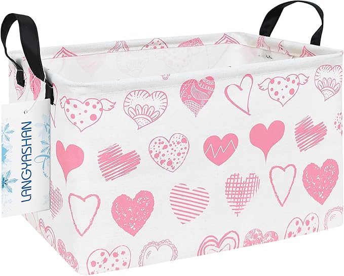 LANGYASHAN Rectangular Storage Bin Collapse Canvas Fabric Cartoon Storage Basket with Handles for Organizing Home Kitchen Boys and Girls Toys Office Closet Shelf Baskets (Rec Angel Heart)-Ruum Studio Home