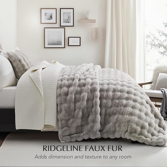 EVERGRACE Ultra Soft Luxury Fluffy Ridgeline Faux Rabbit Fur Throw Blanket, Thick Warm Fuzzy Blankets for Winter, Cozy Plush Reversible Blanket for Couch, Bed, Sofa, Taupe, 80x90 Inches, 870 GSM-Ruum Studio Home