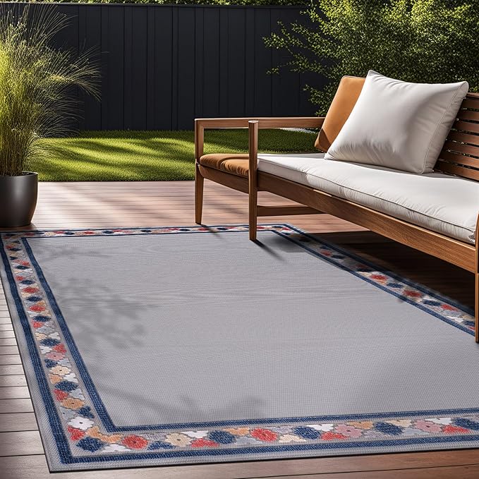 Beverly Rug Outdoor Rug 6x9 Modern Bordered Area Rugs for Indoor and Outdoor Patio Easy to Clean Non Shedding Living Room Porch Garden Washable Outside Carpet (6 x 9 Gray)-Ruum Studio Home