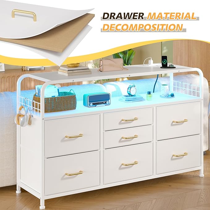 TV Stand for Bedroom with LED Lights & Charging Station, 7 Drawer with Open Shelf, Media Console for Living Room & Chest of Drawers for Closet, Entryway, Hallway, 4 Hooks, White-Ruum Studio Home