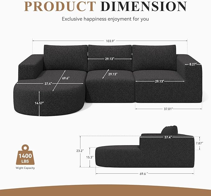 Modular Sectional Sofa with L-Shape Chaise,Cloud Sectional Modern Sleeper Couch with Deep Seat,Sponge Compression Sofas No Assembly Required (Black-Sherpa Fabric) 1PCS-Ruum Studio Home