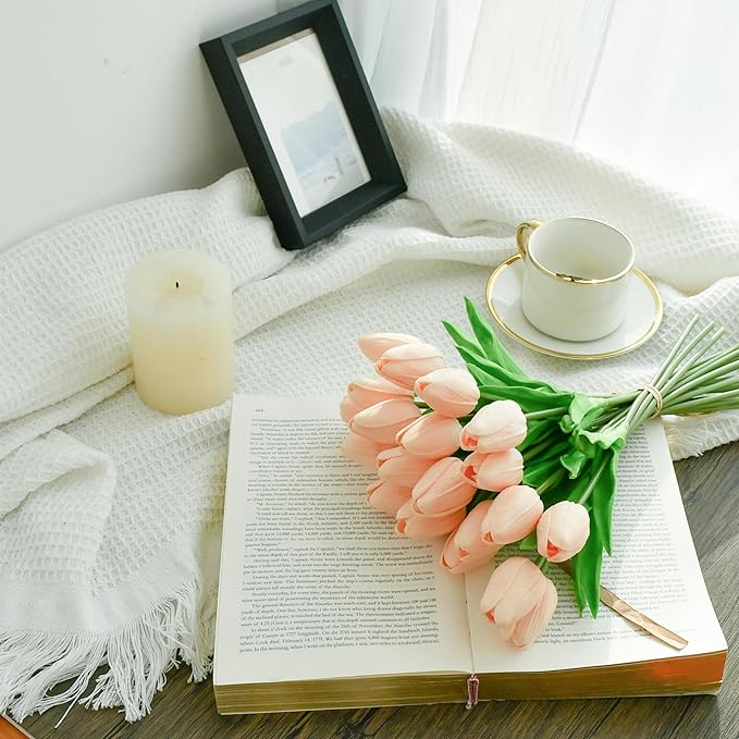 Mandy's Artificial Tulips 20 Stems Champagne PU Faux Flowers for Wedding Home Decor 13.5 Inch-Ruum Studio Home