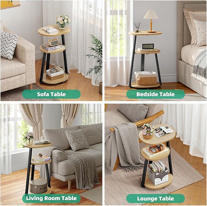 Side Table, Small End Table with Metal Frame, 3-Tier Bedside Tables, Round Side Tables for Living Room Bedroom Couch Bathroom, Oval, Modern Oak-Ruum Studio Home