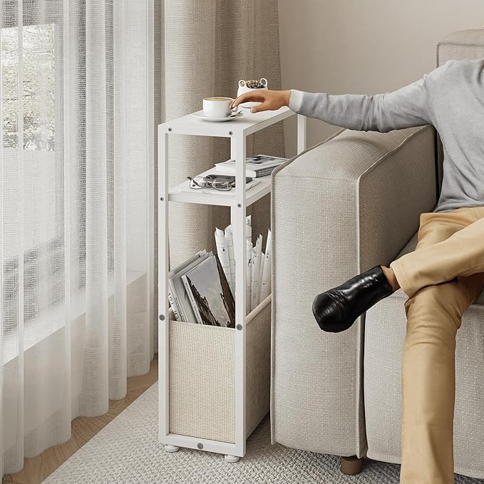 Narrow Side Table, Slim End Tables with Fabric Basket, Skinny Table for Small Spaces, Thin Bedside Table for Living Room, Bedroom (1, White + Camel Brown)-Ruum Studio Home