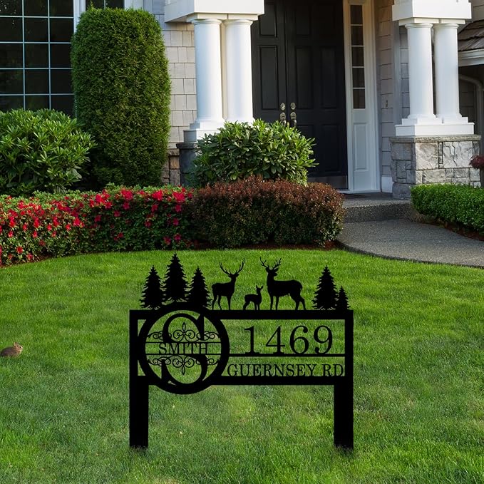 Personalized Deer Custom Garden Address Sign with Metal Stake, Housewarming Gift, Outside Camping Decor-Ruum Studio Home