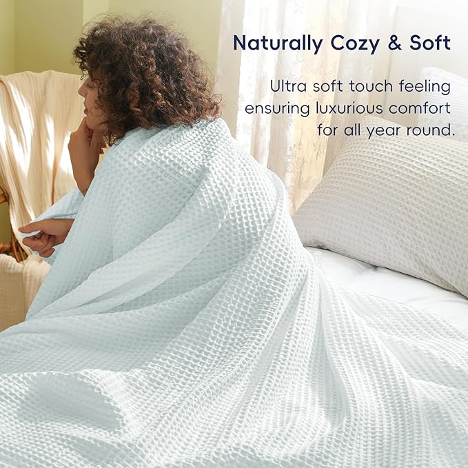 PHF Ultra Soft Waffle Weave Blanket King Size 104"x 90"- Washed Lightweight Breathable Cozy Woven Blanket for Bed - Aesthetic Decor for Couch Bedding Sofa Home Car - Ice Blue-Ruum Studio Home