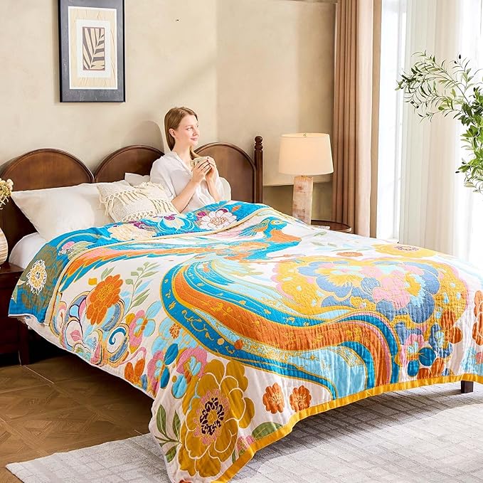 Boho Throw Blanket, Lightweight Blankets for Summer, 100% Cotton Bohemian Decorative Throw Blanket, 80"x90" Reversible Muslin Breathable Woven Farmhouse Blankets Quilt,-Ruum Studio Home
