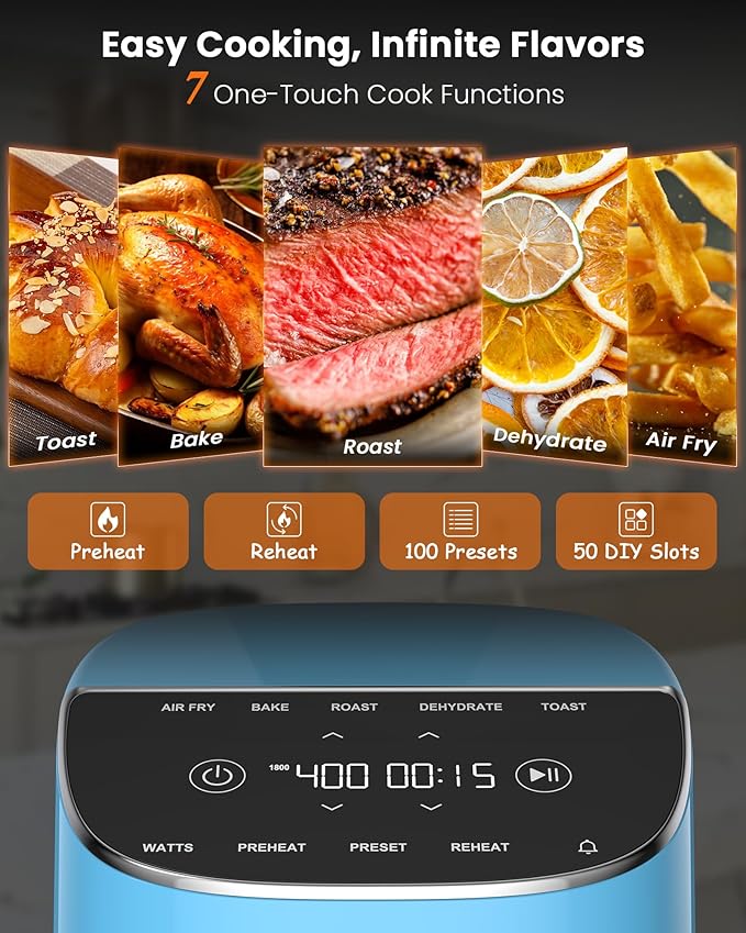 Nuwave Brio Plus Air Fryer 8 Qt, New & Improved, PFAS-FREE, 7 Digital One-Touch Cook Functions that AIR FRY, BAKE, ROAST, DEHYDRATE, TOAST, REHEAT, PREHEAT, 150 Presets, 50°F~400°F (Cozy Blue)-Ruum Studio Home