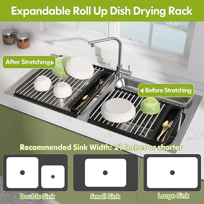 Dish Drying Rack, Roll Up Dryer Rack for Inside Sink, Expandable (12.8"-23.8" D x 15.5" W) 304 Stainless Steel Dish Drainers for Kitchen Counter, Over Sink Cover with Utensil Holder-Ruum Studio Home