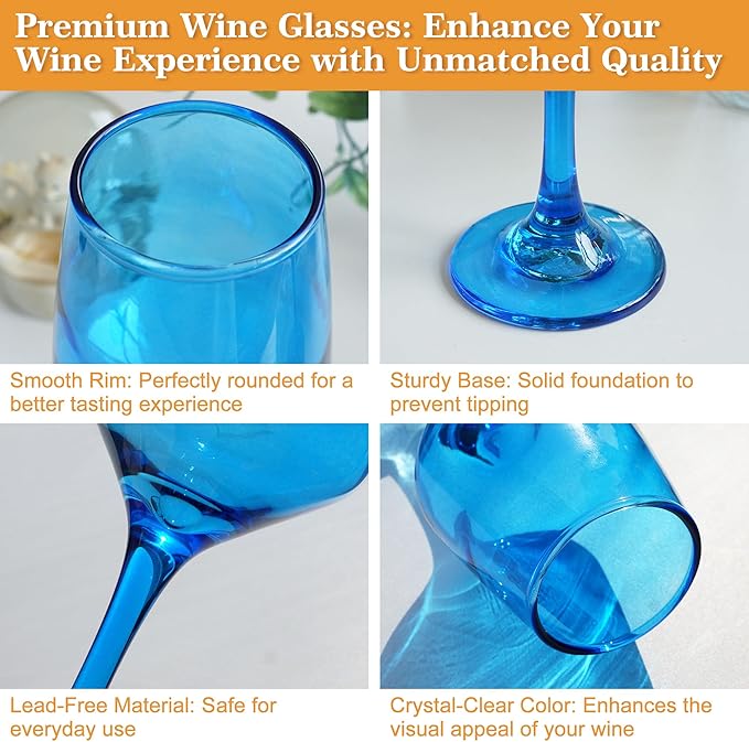 Blue Wine Glasses Set of 6-14oz Blue Long Stem Wine Glass, Pretty Crystal Glassware, Hand Blown Goblets Drinkware, Unique Stemware Wine Glass Holiday Gift Set-Ruum Studio Home