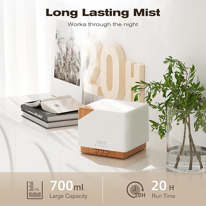 ASAKUKI 700 ml Premium Essential Oil Diffuser, 5 in 1 Ultrasonic Aromatherapy Fragrant Oil Vaporizer Humidifier, Timer and Auto-Off Safety Switch, 7 LED Light Colors-Ruum Studio Home