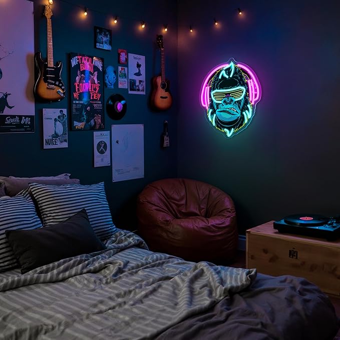Headphones Gorilla Neon Sign Dimmable Kong Led Neon Light for Wall Decor,Game Room,Man Cave,Home Party Bar Decor,USB Powered Led Sign-Ruum Studio Home