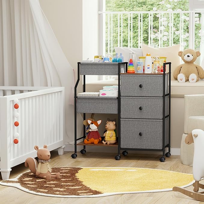 Baby Diaper Caddy Organizer and Storage - 3 Tier Rolling Cart with Dividers and Drawers, Easy To Assemble, Mobile Utility Cart with Wheels for Nursery, Bedroom, Changing Table & Crib-Ruum Studio Home