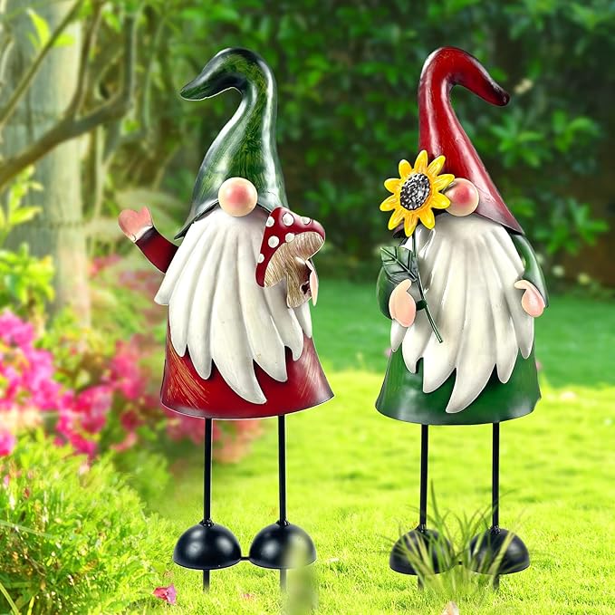 HONGLAND Metal Gnome Yard Art Outdoor Gnomes Garden Statue 18 Inch Gnome Figurine Decorative Stakes for Holiday Christmas Lawn Patio Yard Garden Decor-2 PCS-Ruum Studio Home