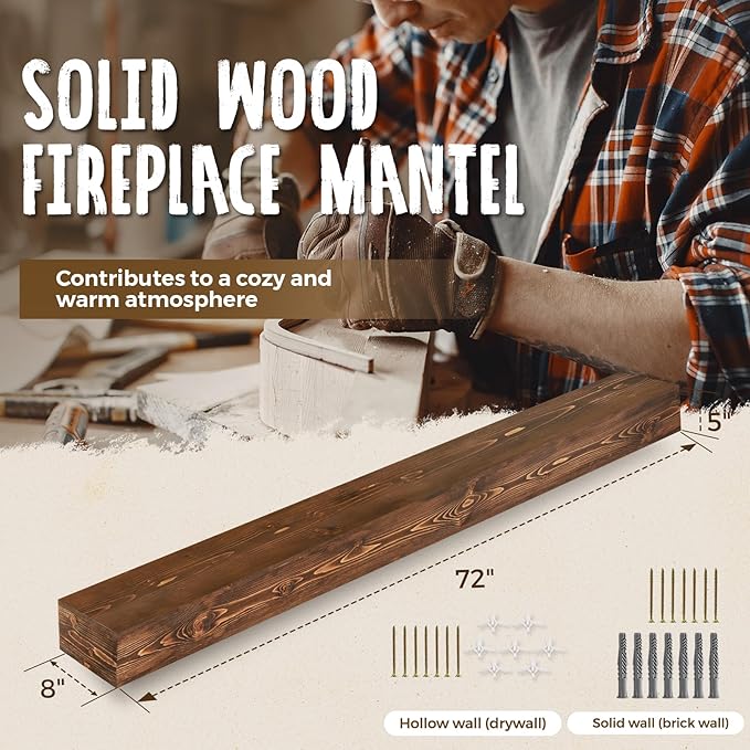 72x8x5 Fireplace Mantel - Handcrafted Hollow Rustic Solid Wood Wall Mounted Floating Shelf with Invisible Heavy Duty Wood Bracket (Weathered Brown)-Ruum Studio Home