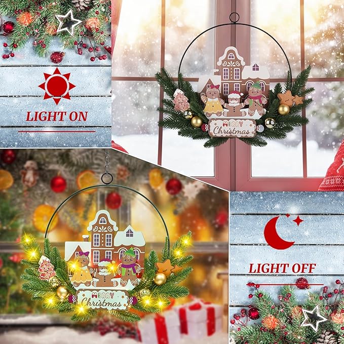 Light up Christmas Wreaths for Front Door, Welcome Metal Wooden Door Wreath Decor Hanging Sign, 30 LED Lighted Wall Decor Battery Operated for Halloween Indoor Outdoor (Gingerbread Man)-Ruum Studio Home