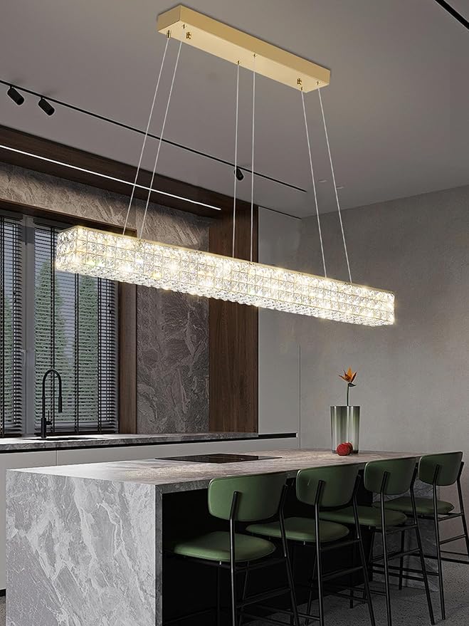 W48 Rectangular Gold Crystal Chandelier Modern Rectangle Pendant Ceiling Light Fixture for Living Room Dining Room Kitchen Island Bar-Ruum Studio Home