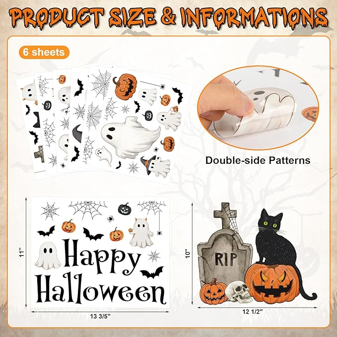 Vintage Halloween Window Clings 6 Sheets, Large Retro Spooky Ghost J-O-Lantern Pumpkin Reusable Window Decals Stickers for Home Halloween Party Decorations Supplies (Ghost)-Ruum Studio Home
