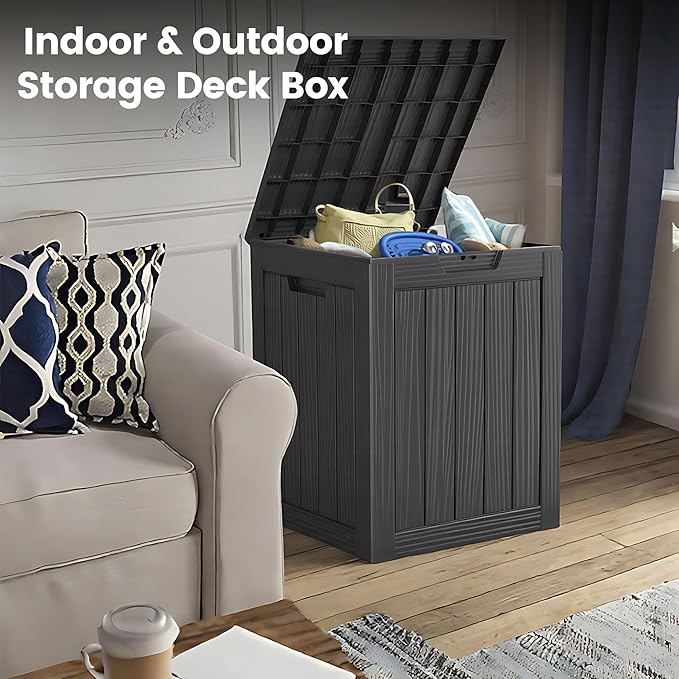 28 Gallon Outdoor Storage Box, Waterproof Durable Resin Deck Box for Indoor & Outdoor Use, Lockable Outdoor Bench, Deck Bin for Patio Furniture, Deliveries, Pool Supplies, Black-Ruum Studio Home