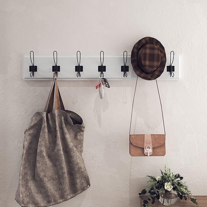 HBCY Creations White Solid Wood Wall Mounted Coat Rack with Shelf, 7 Hooks, 34" Long - Kitchen, Mudroom, Entryway, Bathroom - Includes Mounting Hardware, Coat Hanger, Dog Leash Hooks, Towel Rack-Ruum Studio Home