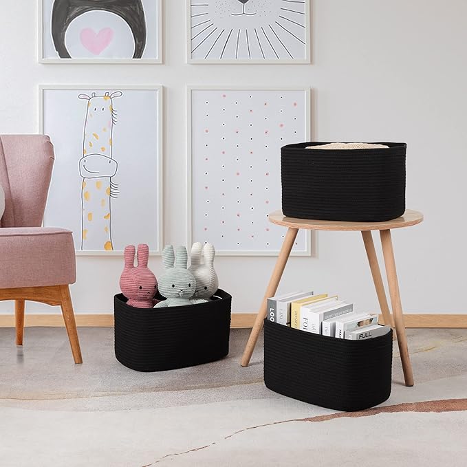 Cotton Rope storage Basket Bins 14.5X9.5X9.3“ Woven Basket for Organizing Shelves Rectangle Decorative Baskets For storage Clothes Toys Books Towels Square Wicker Nursery basket organizer 3 pack black-Ruum Studio Home