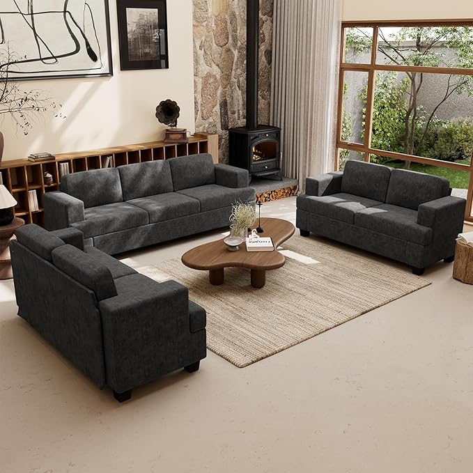 Sofa, 63” Comfy Loveseat Sofa with Deep Seats, Couch for Living Room, Modern Sleeper Couch, Dark Grey Chenille-Ruum Studio Home