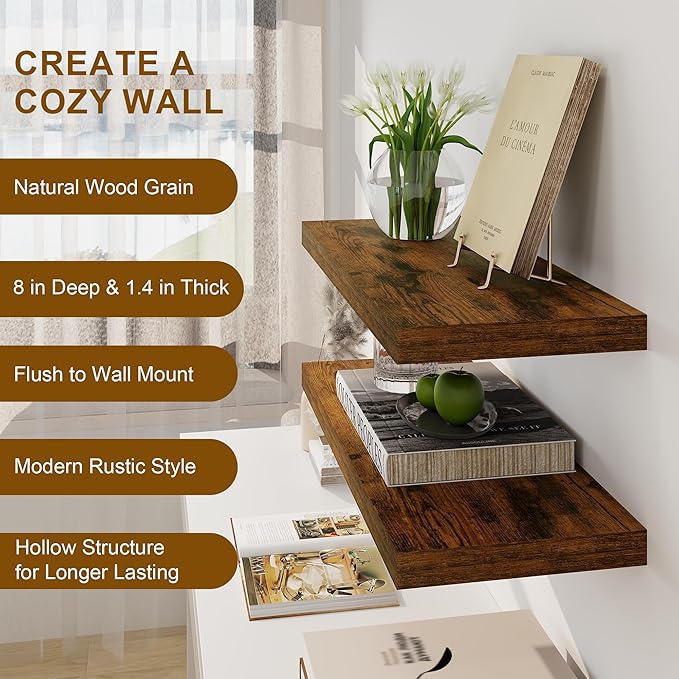 Floating Shelves, 8 Inch Deep Floating Shelves, 24"W x 8"D Wall Shelves Set of 2, Rustic Wood Floating Shelf for Home Decor, Deep Storage Shelves for Kitchen, Bedroom, Living Room, Rustic Brown-Ruum Studio Home