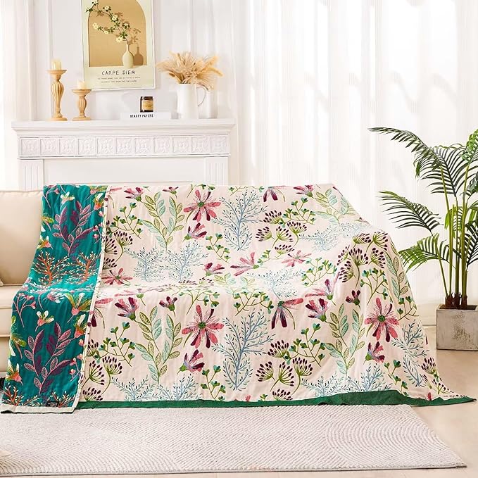 Boho Throw Blanket for Bed, 100% Cotton Soft Rustic Quilt Fall Blanket, 80" 90" Floral Printed Farmhouse Decor Bed Blankets, All Season Rustic Reversible Bohemian Throw Quilt-Ruum Studio Home