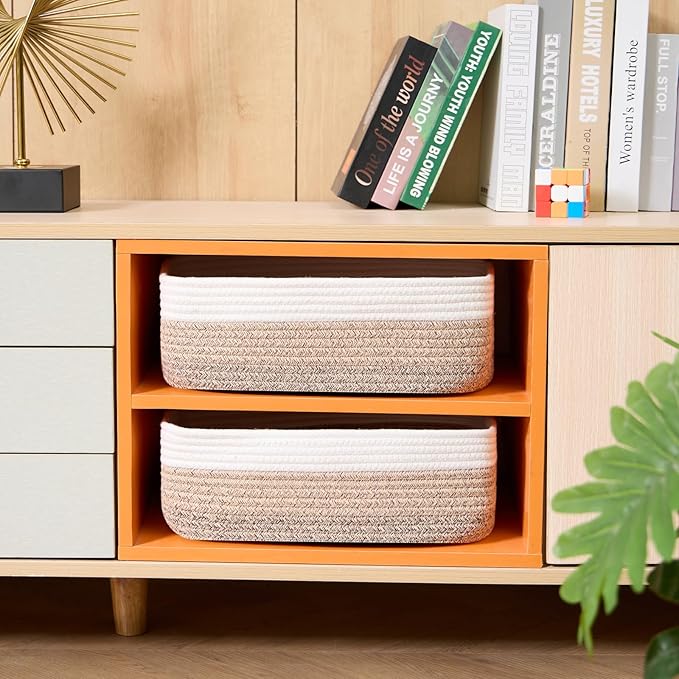 Large Shallow Organizing Baskets 15x11x5.1 Inches - Rope Woven Storage Bins for Bathroom, Shelves, Cube Closet, Gradient Brown 2 Packs-Ruum Studio Home