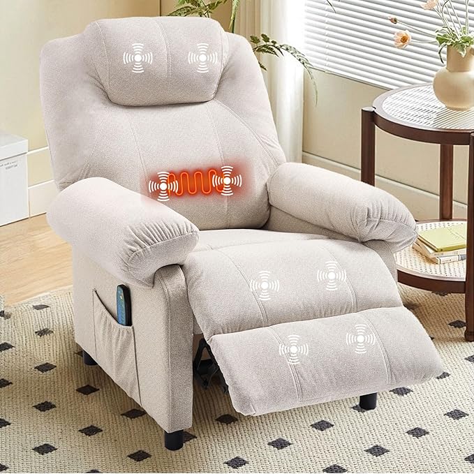 KCREAM Massage Chair Recliner with Heating,Recliner Chair for Adults,Small Recliners for Small Spaces Overstuffed Reclining Chairs Single Sofa Recliners with Side Pocket for Living Room,Fabric Beige-Ruum Studio Home