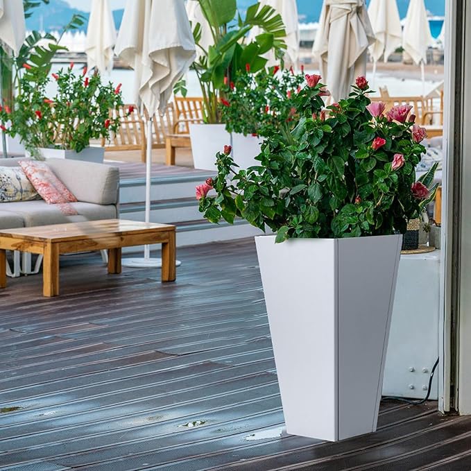 Tall Tapered Planter Front Porch Taper Metal Modern Flower Plant Pot White Square Galvanized Steel Planter 30 In Indoor Outdoor for Garden Patio Grande Plant Tree Commercial Residential Heavy Duty-Ruum Studio Home