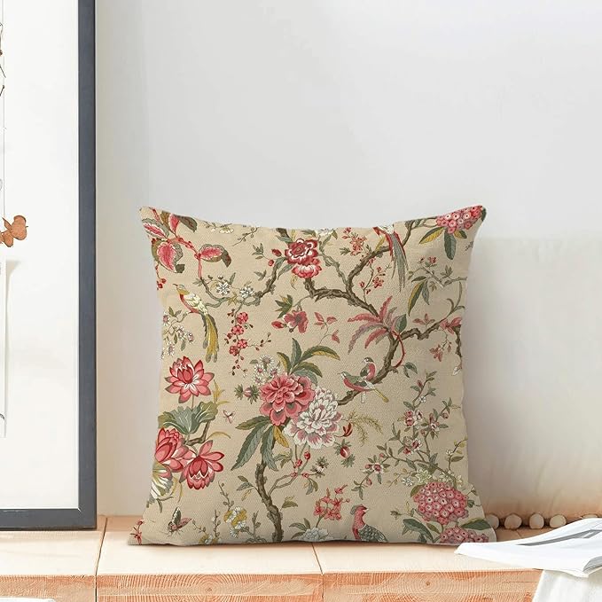 CXMEIFLY Spring Floral Birds Pillow Covers 20 x 20 Inch Set of 2 for Chinoiserie Flowers Decor Throw Pillows Pink Red Plant Outdoor Decorative Cushion Cases for Couch Bed Decorations-Ruum Studio Home