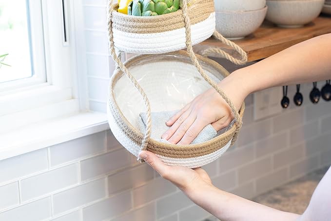 CEDAR+PINE 3-Tier Lined Hanging Fruit Basket Natural Woven Cotton with Strong Jute Rope Hanger in Gift Box Modern Hanging Basket for Kitchen-Ruum Studio Home