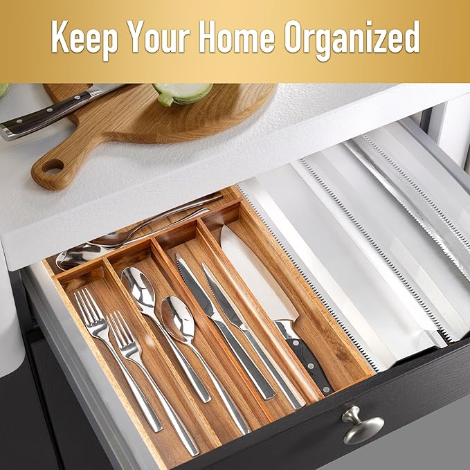 Silverware Organizer Kitchen Drawer Organizer Utensil Organizer Acacia Silverware Holder Cutlery Organizer in Drawer Flatware Organizer Tray(5 slots, Acacia-Ruum Studio Home
