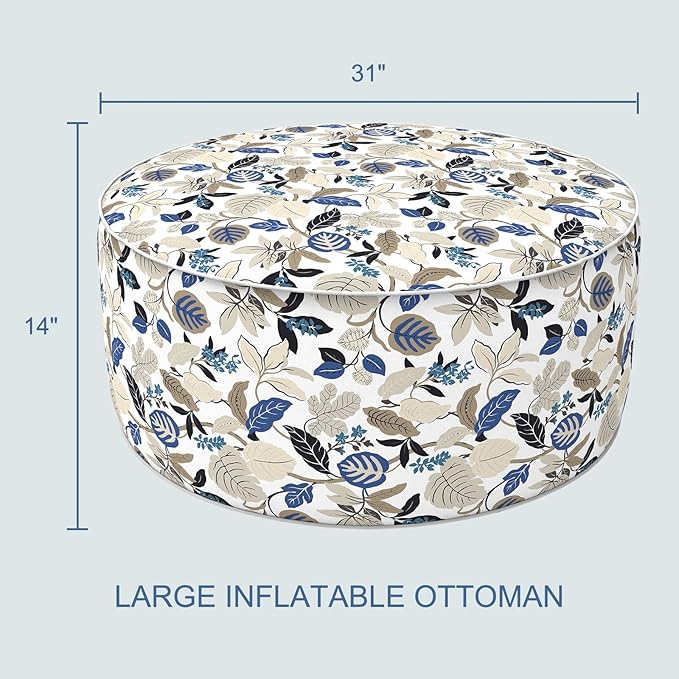 LVTXIII Indoor/Outdoor Inflatable Ottoman, D31 x H14 Inch Large Round Ottoman, All Weather Foot Rest Stool, Portable Footrest for Patio, Garden, Camping and Home - Breeze Leaves Beige-Ruum Studio Home