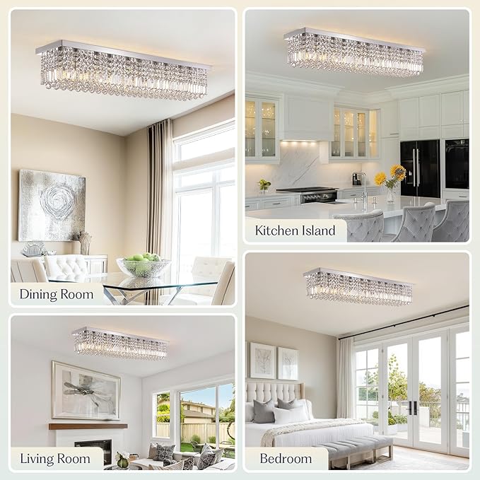 Luxury Lighting Fixture Chandelier Rectangular with Raindrop Crystals Pendant Light Fixture 10-Lights Modern Crystal Rectangle Flush Mount Chandelier for Living Room Dining Room Bar L47 Inch-Ruum Studio Home