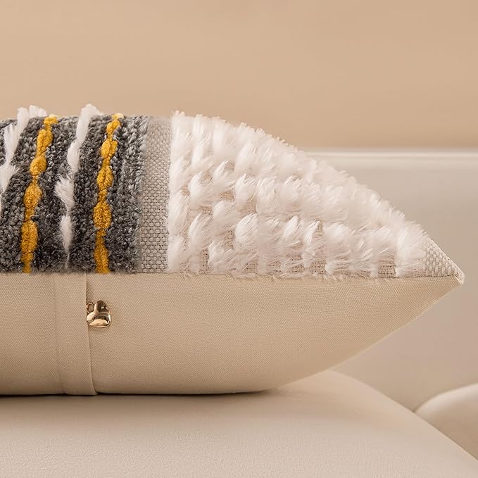 Boho Chenille Tufted Couch Throw Pillow Covers 18x18 Inch Set of 2 Farmhouse Striped Decorative Pillow Covers Accent Neutral Pillowcase Grey Yellow Cushion Cover for Living Room Sofa Bed-Ruum Studio Home
