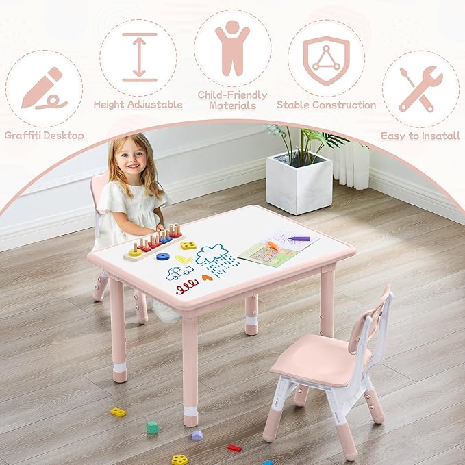Toddler Table and Chair Set, Height Adjustable-Upgrade Kids Table and 2 Chairs for Ages 3-8, Multi-Activity Toddler Play Table with Graffiti Desktop for Home/Daycare/Classroom-Ruum Studio Home