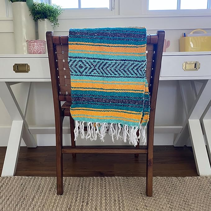 Del Mex Classic Mexican Blanket, Large Authentic Woven Falsa Throw (70"x50"), Artisan Southwest Décor for Beach, Yoga, Outdoors (Teal/Yellow)-Ruum Studio Home