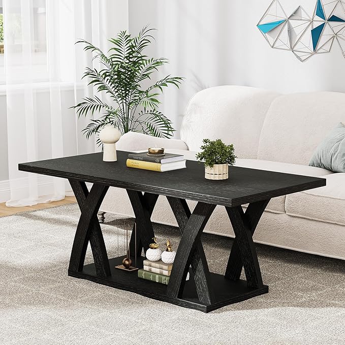 47” Wood Coffee Tables for Living Room Rustic Stands with Storage Shelf Black Coffee Tables for Living Room Farmhouse Center Stands with Shelf Farmhouse Rectangle Center Table-Ruum Studio Home