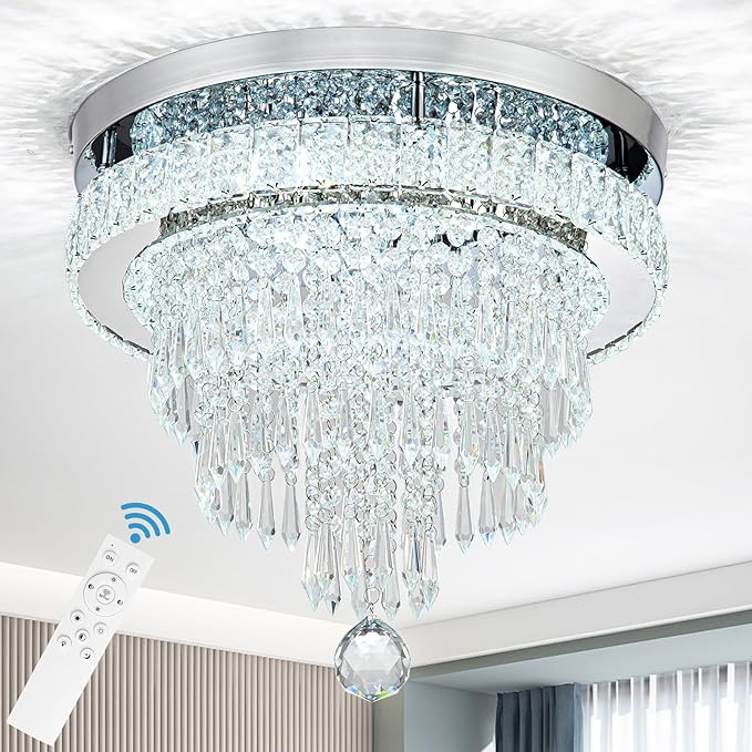 16“ Crystal Chandeliers Round Modern LED Chandelier Light Flush Mount Ceiling Light Fixtures with Remote Control for Bedroom Living Room Dining Room (dimmable)-Ruum Studio Home