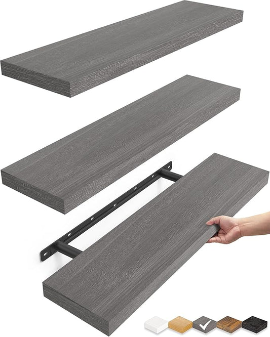 BAYKA Floating Shelves for Wall, 22.5 inches Wall Mounted Rustic Wood Shelves for Bathroom, Bedroom, Living Room, Floating Shelves for Books/Storage/Decor (Grey,Set of 3)-Ruum Studio Home
