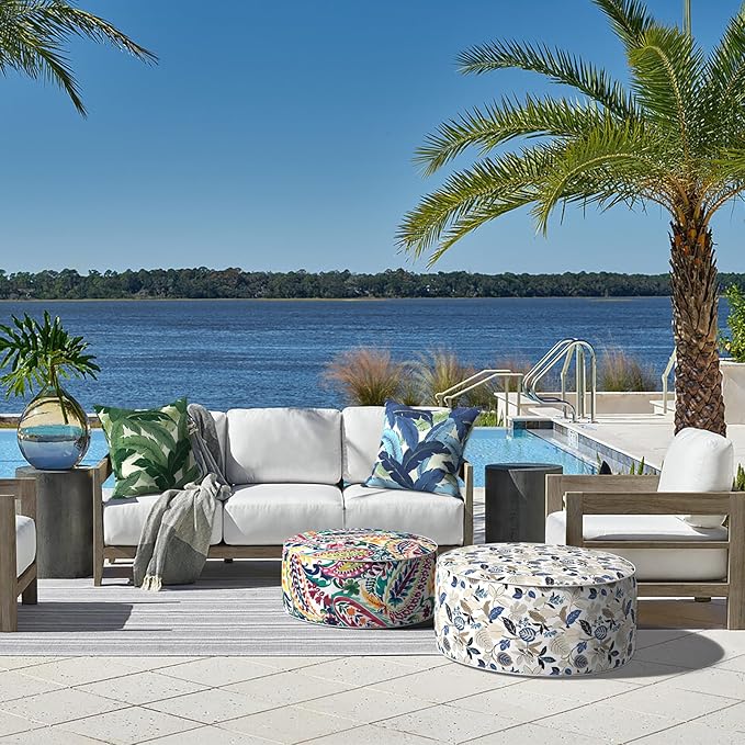 LVTXIII Indoor/Outdoor Inflatable Ottoman, D31 x H14 Inch Large Round Ottoman, All Weather Foot Rest Stool, Portable Footrest for Patio, Garden, Camping and Home - Breeze Leaves Beige-Ruum Studio Home
