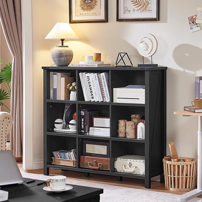 9 Cube Bookcase, Farmhouse 47 Inch Wide Black Bookshelf, Wooden 3 Tier Display Large Open Book Shelf, Vintage Horizontal Book Case for Home Office, Cubby Storage Cabinet for Living Room-Ruum Studio Home