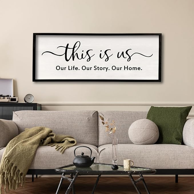 This is us Wall Decor Sign 32'' x 12'' Large Master Bedroom Home Life Story Wood Framed Vintage Family Sign Rustic Plaque Living Room Minimalist Farmhouse Hanging Wall Art (Black)-Ruum Studio Home