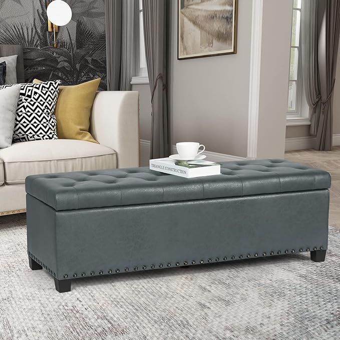 Joveco 47 Inch Storage Ottoman Bench,Tufted Fabric Storage Bench with Nailhead Trim for Bedroom (47”,Gray)-Ruum Studio Home