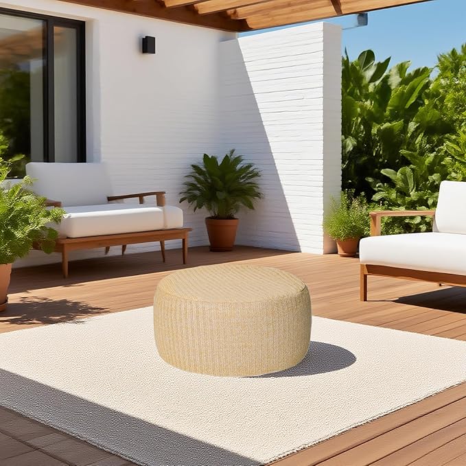 Outdoor Inflatable Ottoman with Air Pump, Fade-Resistant Patio Footrest Stool D21”x H9”, Round Pouf Ottoman with Portable Handle Suitable for Garden, Camping, Bedroom, Living Room-Ruum Studio Home