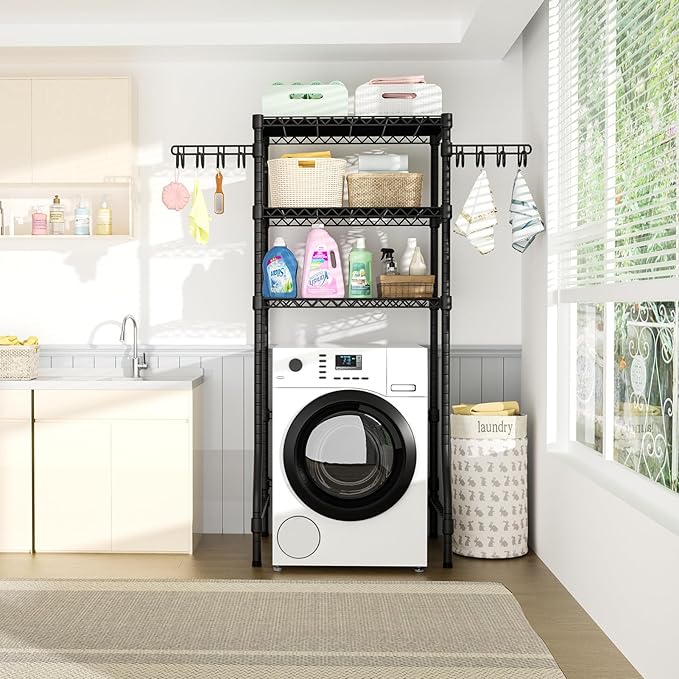 Ulif U8 Medium Laundry Room Storage Organizer, Over the Washer and Dryer Storage Shelves for Laundry Organization, 32.3”W x 17.3”D x 76.2”H, Suit Washing Machine Width within 29.9”, Hold 304 lb, Black-Ruum Studio Home