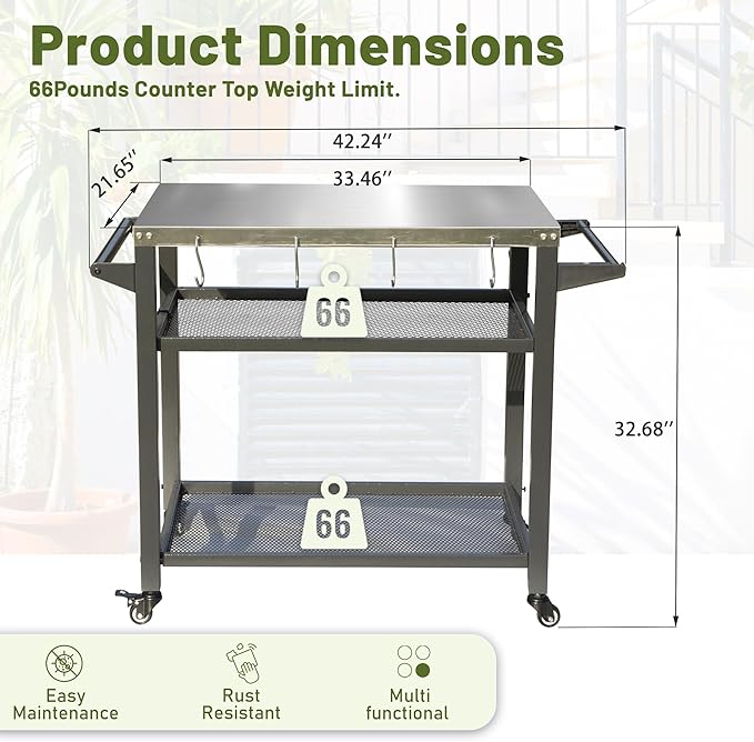 Domi 3-Shelf Outdoor Grill Table, Grill Cart with Wheels, Outdoor Pizza Oven and Food Prep Table, Blackstone with Stainless Steel Tabletop, BBQ Stand for Blackstone Griddle for Outside BBQ-Ruum Studio Home